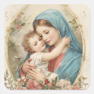 Catholic Virgin Mary Baby Jesus Floral  Square Sticker