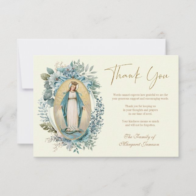 Catholic Virgin Mary Floral  Funeral Memorial  Thank You Card (Front)