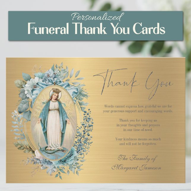 Catholic Virgin Mary Floral  Funeral Memorial  Thank You Card (Traditional Catholic Blessed Virgin Mary Floral Funeral Thank you Condolence Cards)