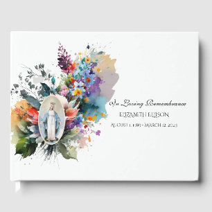 Catholic Virgin Mary Floral  Memorial Funeral Guest Book