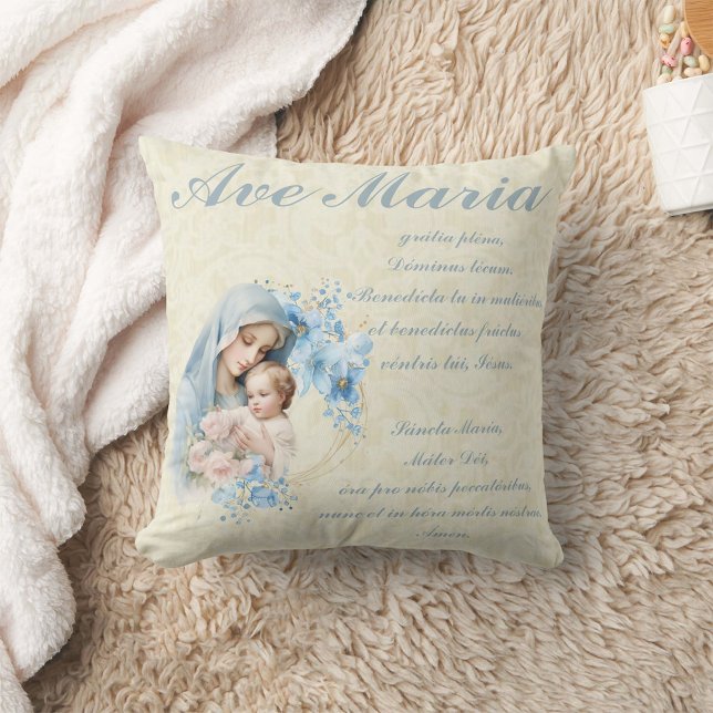 Catholic Virgin Mary Jesus Blue Floral Ave Maria Cushion ( Made from high-quality Simplex knit fabric, these 100% polyester pillows are soft and wrinkle-free.)