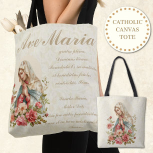 Catholic Virgin Mary Red Roses Floral Ave Maria Tote Bag