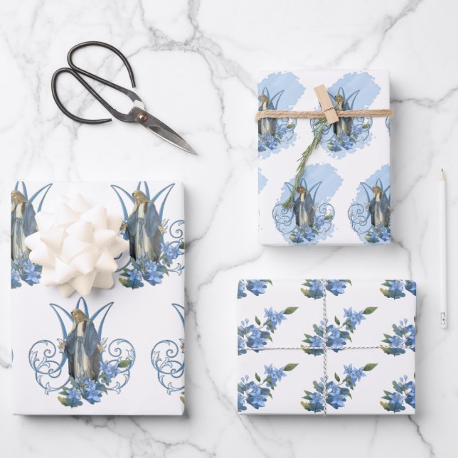Catholic Virgin Mary Religious Blue Floral  Wrapping Paper Sheet (Front)