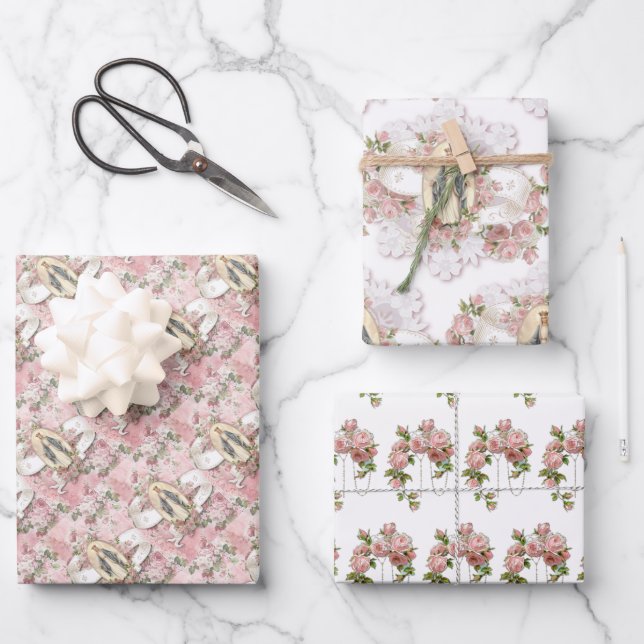 Catholic Virgin Mary Religious  Pink Roses Wrappin Wrapping Paper Sheet (Front)