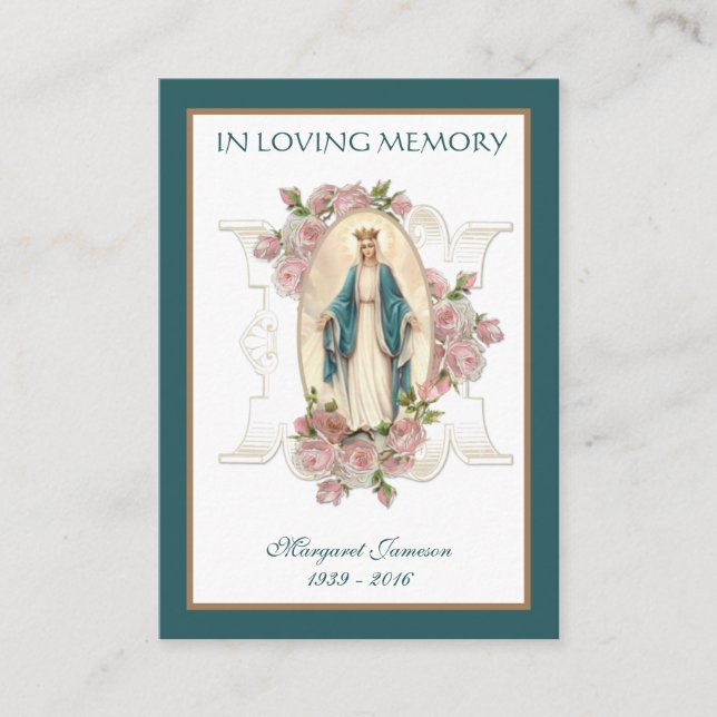 Catholic Virgin Mary Rose Funeral Sympathy Prayer  Place Card (Front)
