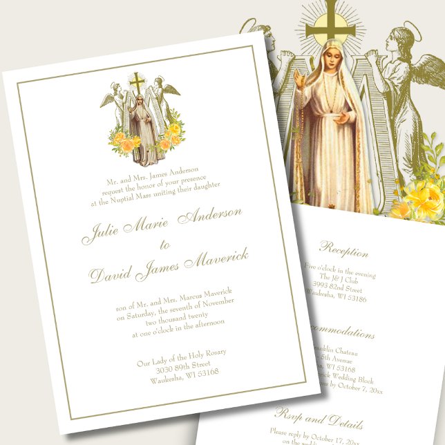 Catholic Virgin Mary Yellow Floral Wedding Invitation (Creator Uploaded)