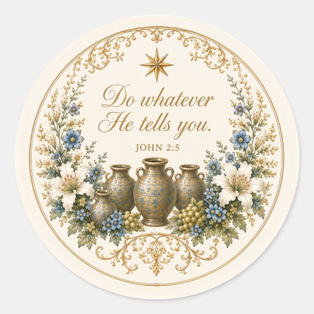 Catholic Wedding at Cana Scripture Floral Classic Round Sticker (Front)