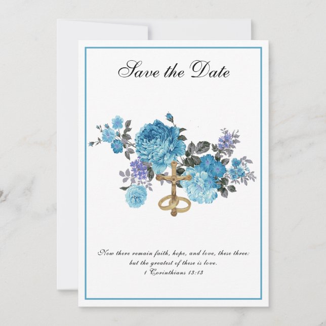Catholic Wedding Blue Floral Religious Save The Date (Front)