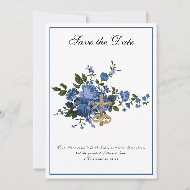 Catholic Wedding Blue Roses Religious Save The Date (Front)