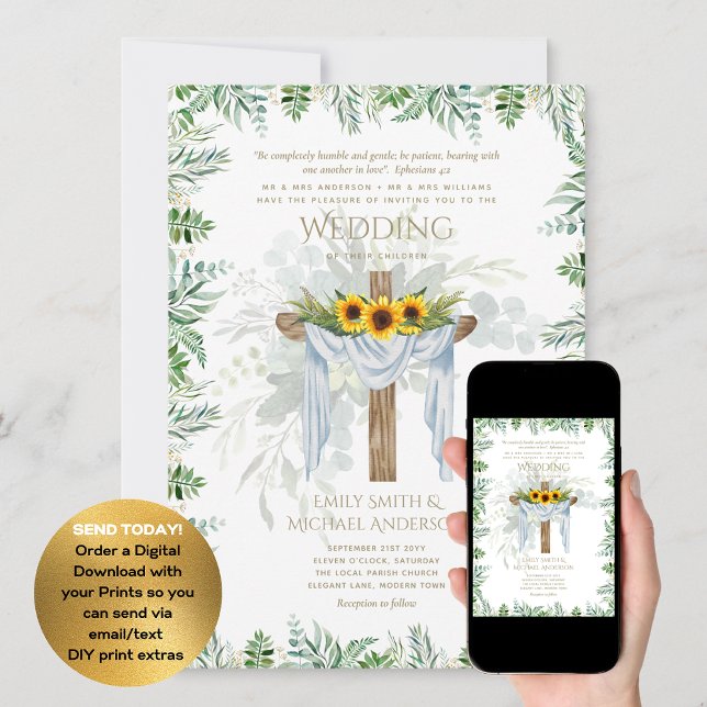 CATHOLIC Wedding Invitation Sunflowers Cross (Creator Uploaded)