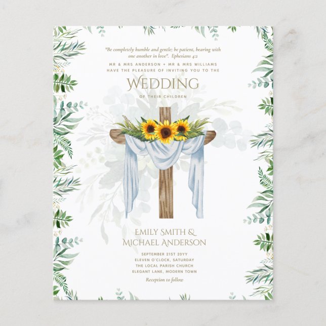 CATHOLIC Wedding Invitation Sunflowers Cross (Front)