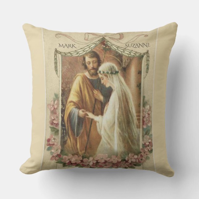 Catholic Wedding  Virgin Mary St. Joseph Floral Cushion (Front)