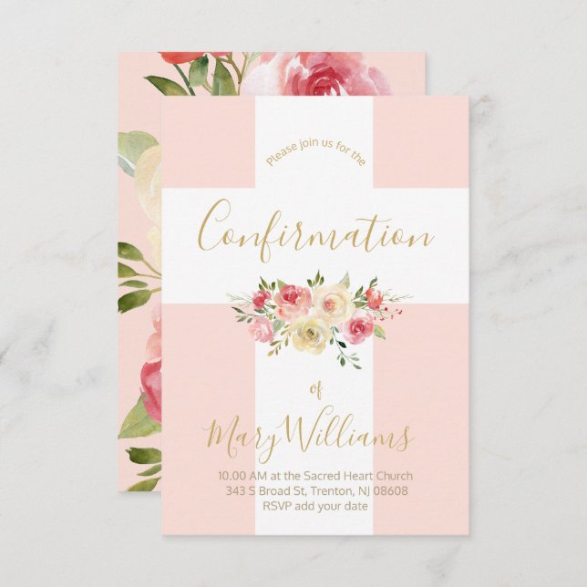Catholic white cross and flowers Confirmation Invitation (Front/Back)