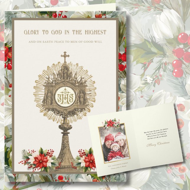 Catholic with Gold Monstrance Poinsettias Photo Holiday Card (Creator Uploaded)