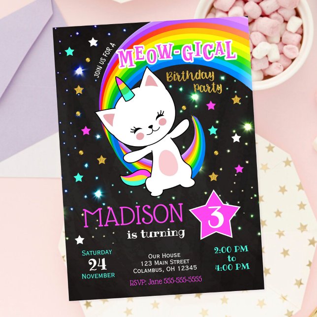 Caticorn Birthday Invitation, Cat Rainbow Invitation (Creator Uploaded)
