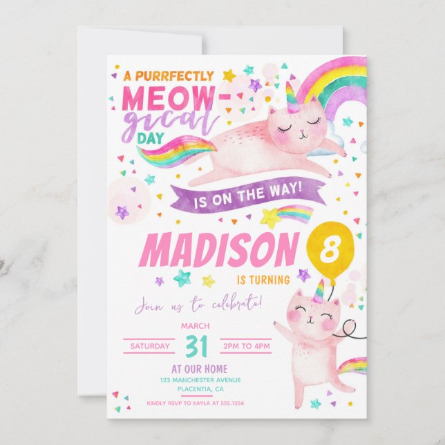 Caticorn Birthday Party Cat unicorn rainbow Invitation (Front)