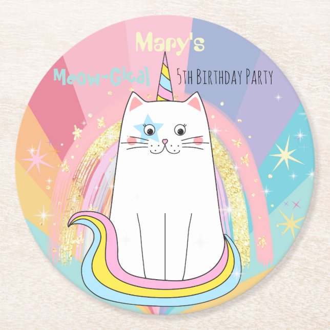 Caticorn Cat unicorn Meow-Gical Birthday Kid Round Paper Coaster (Front)