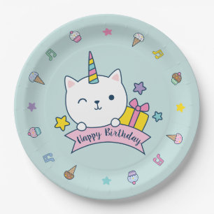 Caticorn Party Paper Plate Teal Blue