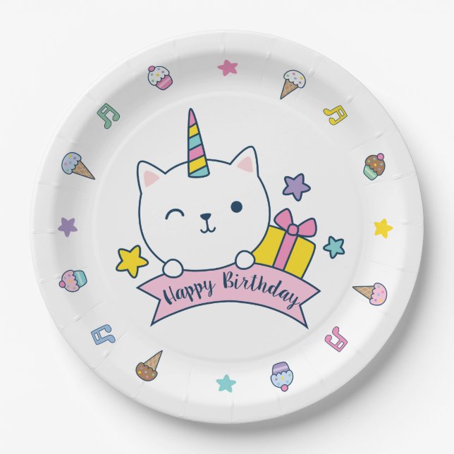 Caticorn Party | Paper Plate | White (Front)