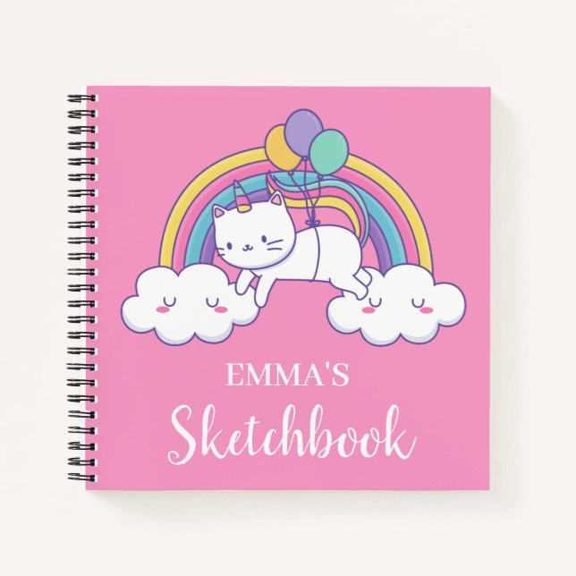 Caticorn Rainbow Personalised Kids Sketchbook Notebook (Front)