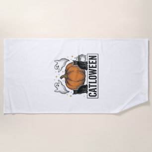 Catloween Black Cat Ghost Halloween Vector Design_ Beach Towel