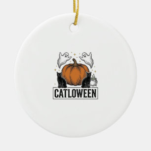 Catloween Black Cat Ghost Halloween Vector Design_ Ceramic Ornament