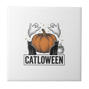 Catloween Black Cat Ghost Halloween Vector Design_ Ceramic Tile