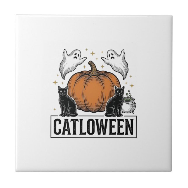 Catloween Black Cat Ghost Halloween Vector Design_ Ceramic Tile (Front)