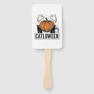 Catloween Black Cat Ghost Halloween Vector Design_ Hand Fan