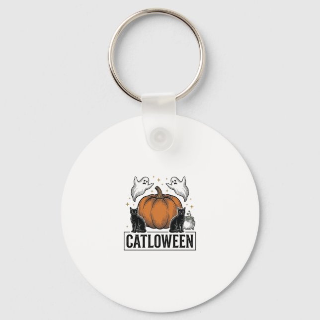 Catloween Black Cat Ghost Halloween Vector Design_ Key Ring (Front)