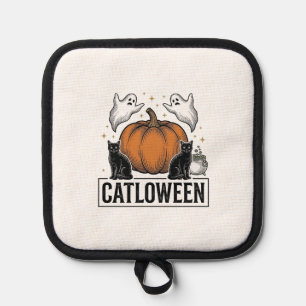 Catloween Black Cat Ghost Halloween Vector Design_ Pot Holder