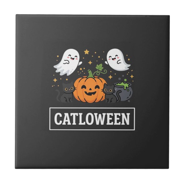Catloween Cute Ghost Cat Halloween Design_1 Ceramic Tile (Front)