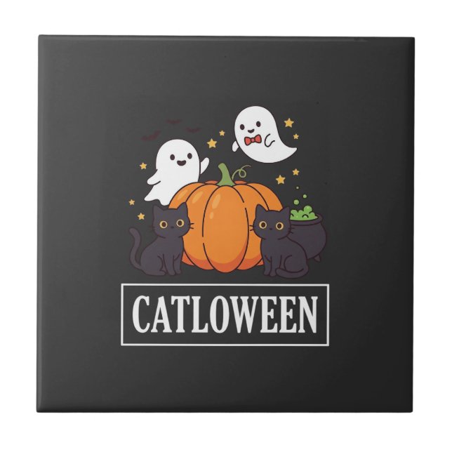 Catloween Funny Halloween Cat Ghost Pumpkin Design Ceramic Tile (Front)
