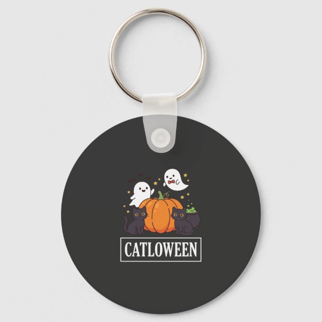 Catloween Funny Halloween Cat Ghost Pumpkin Design Key Ring (Front)