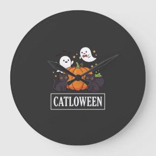 Catloween Funny Halloween Cat Ghost Pumpkin Design Large Clock