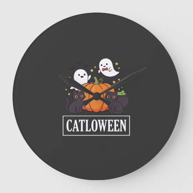 Catloween Funny Halloween Cat Ghost Pumpkin Design Large Clock (Front)