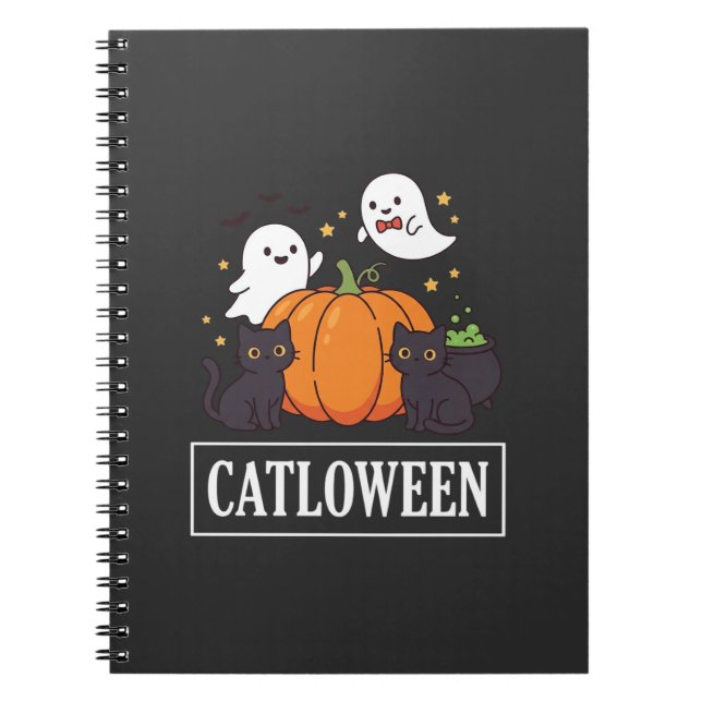 Catloween Funny Halloween Cat Ghost Pumpkin Design Notebook (Front)
