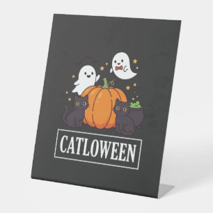Catloween Funny Halloween Cat Ghost Pumpkin Design Pedestal Sign