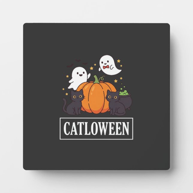 Catloween Funny Halloween Cat Ghost Pumpkin Design Plaque (Front)