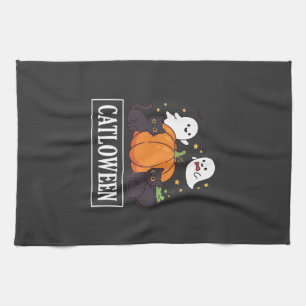 Catloween Funny Halloween Cat Ghost Pumpkin Design Tea Towel