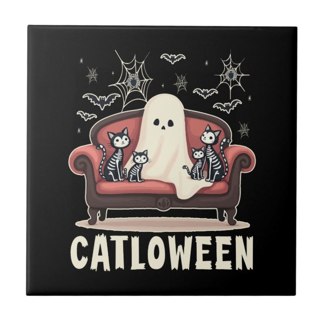 Catloween Ghost Halloween Ceramic Tile (Front)