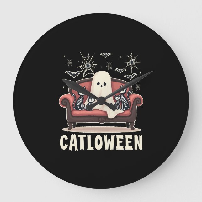 Catloween Ghost Halloween Large Clock (Front)