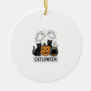 Catloween Vintage Ghost Cat Halloween Shirt Design Ceramic Ornament