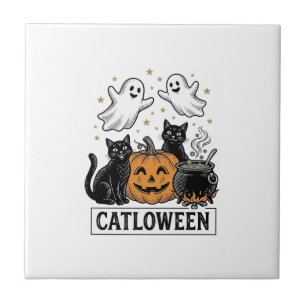 Catloween Vintage Ghost Cat Halloween Shirt Design Ceramic Tile