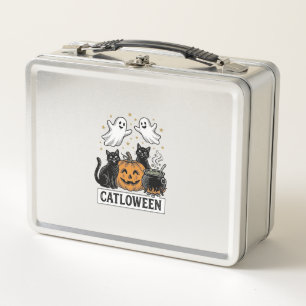 Catloween Vintage Ghost Cat Halloween Shirt Design Metal Lunch Box