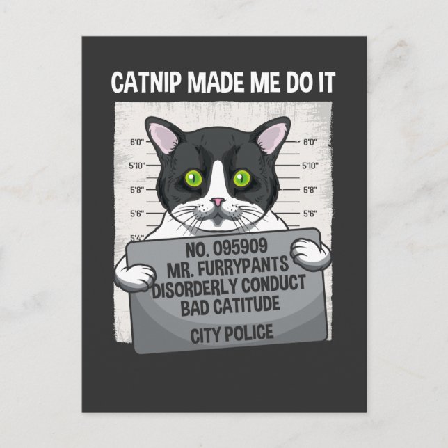 Catnip Made Me Do It Funny Cat Arrested Police Postcard (Front)