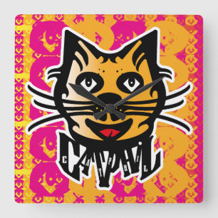 CATPHIL CAT YELLOW BY MASANSER PIXELAT SQUARE WALL CLOCK