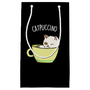 Catpuccino Funny Kitty Cat In Cup Pun Dark BG Small Gift Bag