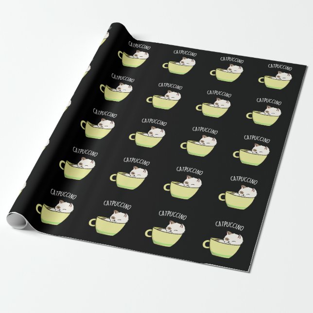 Catpuccino Funny Kitty Cat In Cup Pun Dark BG Wrapping Paper (Unrolled)