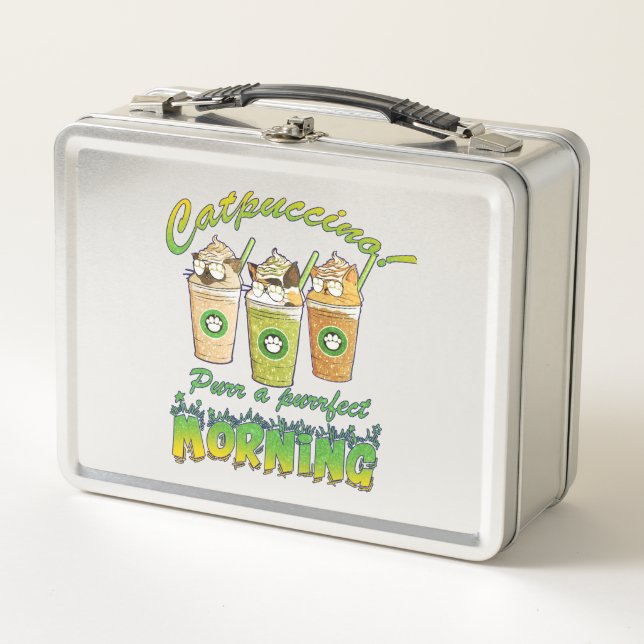 Catpuccino – Purr a Purrfect Morning | Cute Cat Metal Lunch Box (Front)